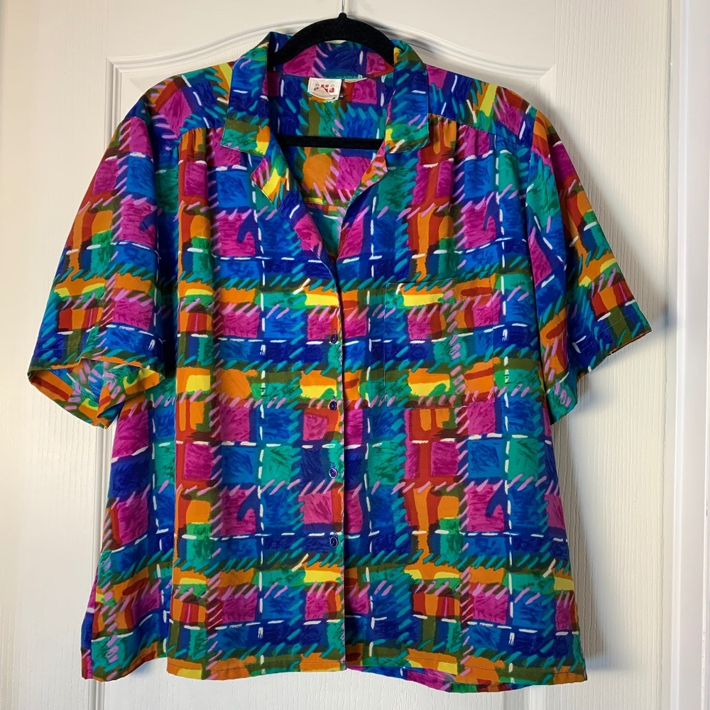 Vintage Alia 80s 90s Bold Color Abstract Print Blouse Size 16 Statement Piece